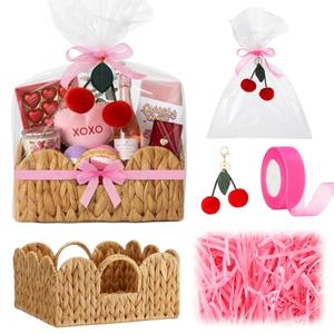 Valentines' Day Small Woven Gift Basket Empty Galentines with Gift Bags and Ribbons Raffia Cherry Pendant Storage Basket Decorative for Valentines Birthday Party Supplies 11.02'' x 11.02'' x 5.12''