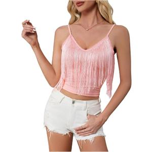 SweatyRocks Women's Fringe Sleeveless Boho Tassel Tank Top Slim Fit Cami Summer Tops (Pink, XL)