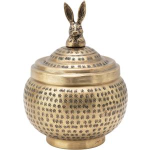 Creative Co-Op Round Hammered Metal Container with Rabbit Finial, Brass Finish