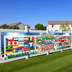 2 x Banner Country Flags of the World 2026 Outdoor Indoor International Decorations Photo Backdrop with Trophy Soccer Ball for Party Porch Yard Sign for Garden Restaurant Bar Home,11820in