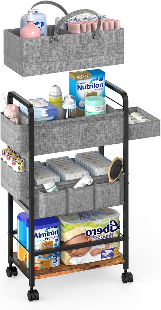 2In1 Baby Diaper Caddy & 4-Tier Rolling Diaper Cart, Diaper Caddy Organizer Cart with Dividers & Drawer, Mobile Metal Bedside Cart for Nursery Essentials Storage, Large Capacity