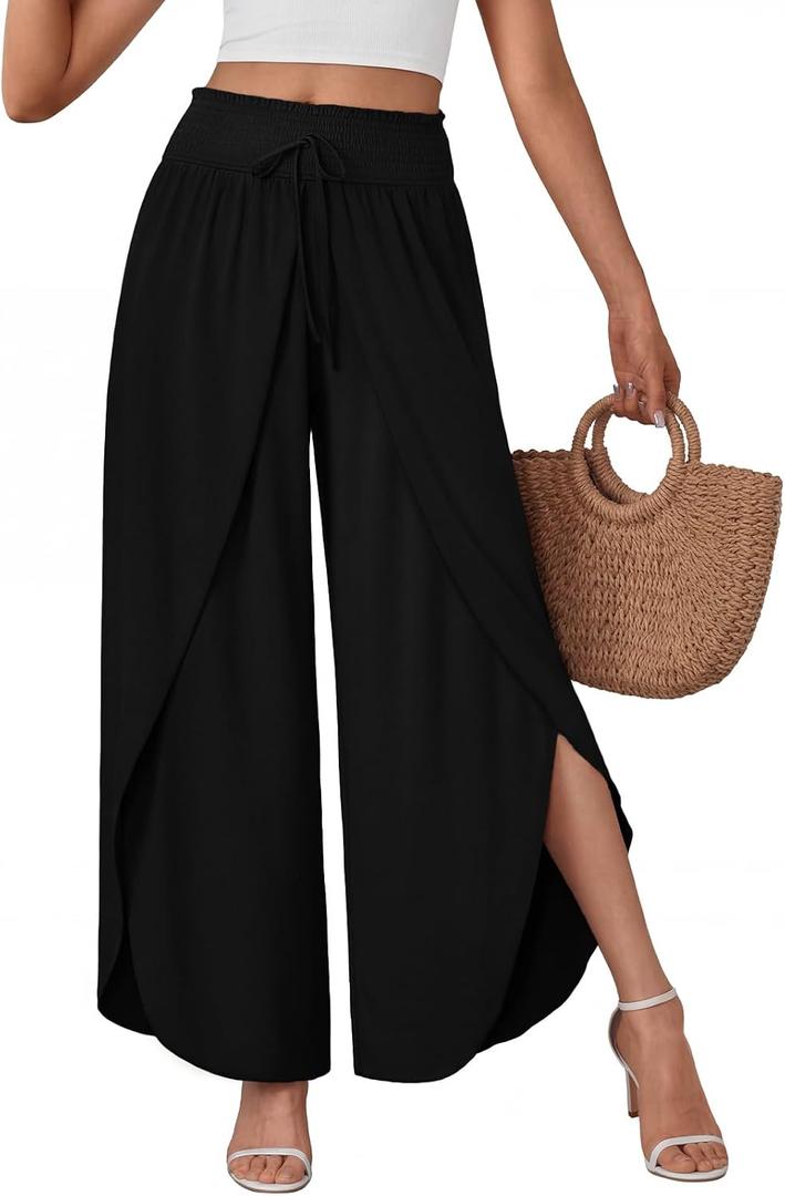 LILLUSORY Women's Wide Leg Pants Flowy Palazzo Pants High Waisted Boho Casual Summer Beach Vacation Fall Lightweight Clothes Black XL