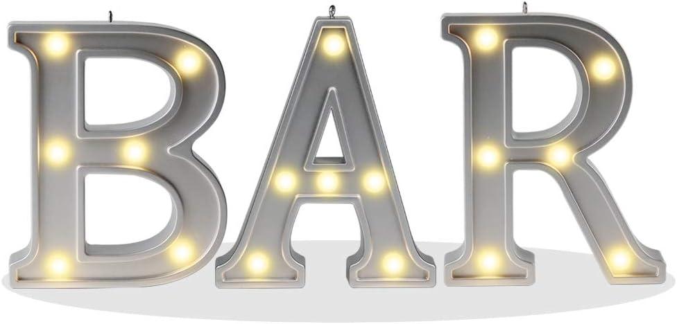 Pooqla Decorative Illuminated BAR Marquee Word Sign (Silver, 3.47" W x 4.21" H x 0.79" D) - LED Sign for Indoor BAR Decor
