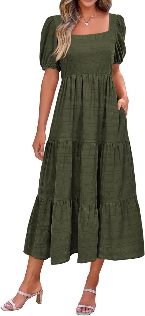 PRETTYGARDEN Women's Summer Dresses 2026 Puff Sleeve Square Neck High Waist Smocked A-Line Flowy Loose Fit Midi Dress