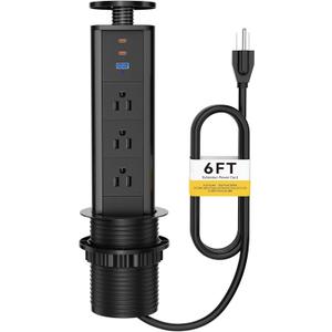 Kungfuking Pop Up Outlet for Countertop, Socket with 3 AC Outlets & 2 PD 20W USB-C & 1 USB-APorts, Pull Power Kitchen Conference Office, 3-3/8 Inch(85MM) Hole Grommet Strip, Dark Black
