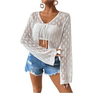 SweatyRocks Women's Tie Front Crop Cardigan Hollow Out Long Sleeve Lightweight Knit Tops (Large, White)