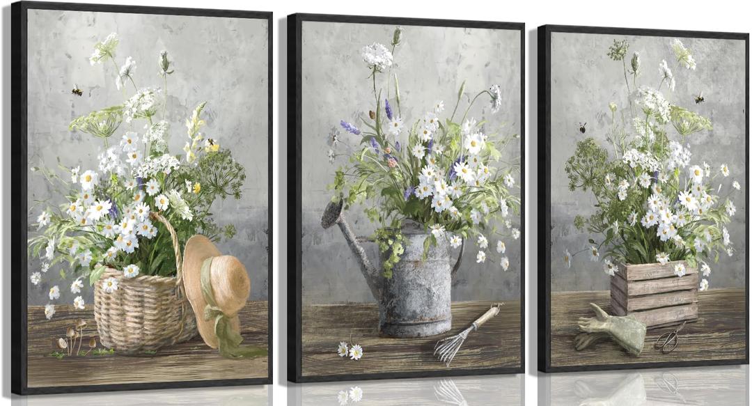 2 x 3pcs Country Daisies Poster Wall Art Countryside Flower Painting Picture Wall Decor Farmhouse Still Life Basket Poster Print Artwork for Bathroom Bedroom Home Decoration 16x24in Unframed