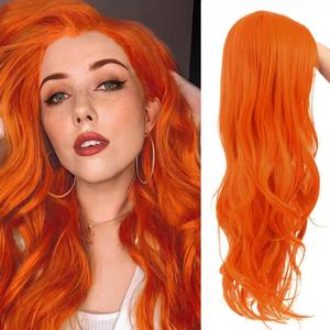 Kaneles Long Orange Curly Wavy Wigs for Women Side Part Natural Synthetic Heat Resistant Fiber Wigs for Daily Party Use