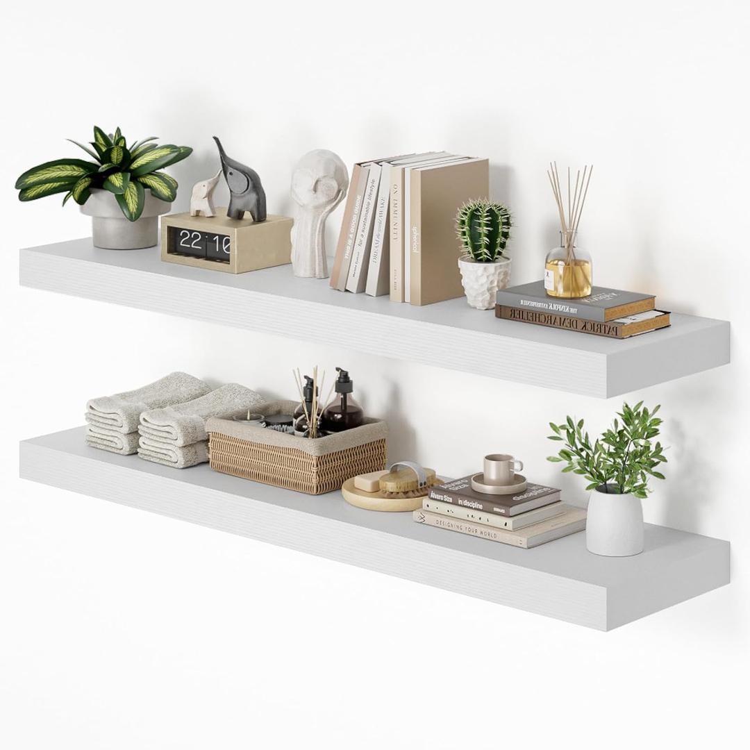 48W x 12D Long Floating Shelf, 12 Inch Deep White Floating Shelves for Wall Set of 2, Wood Shelves for Bedroom Living Room Bathroom Kitchen Home Office, Wall Shelves with Heavy Duty Bracket