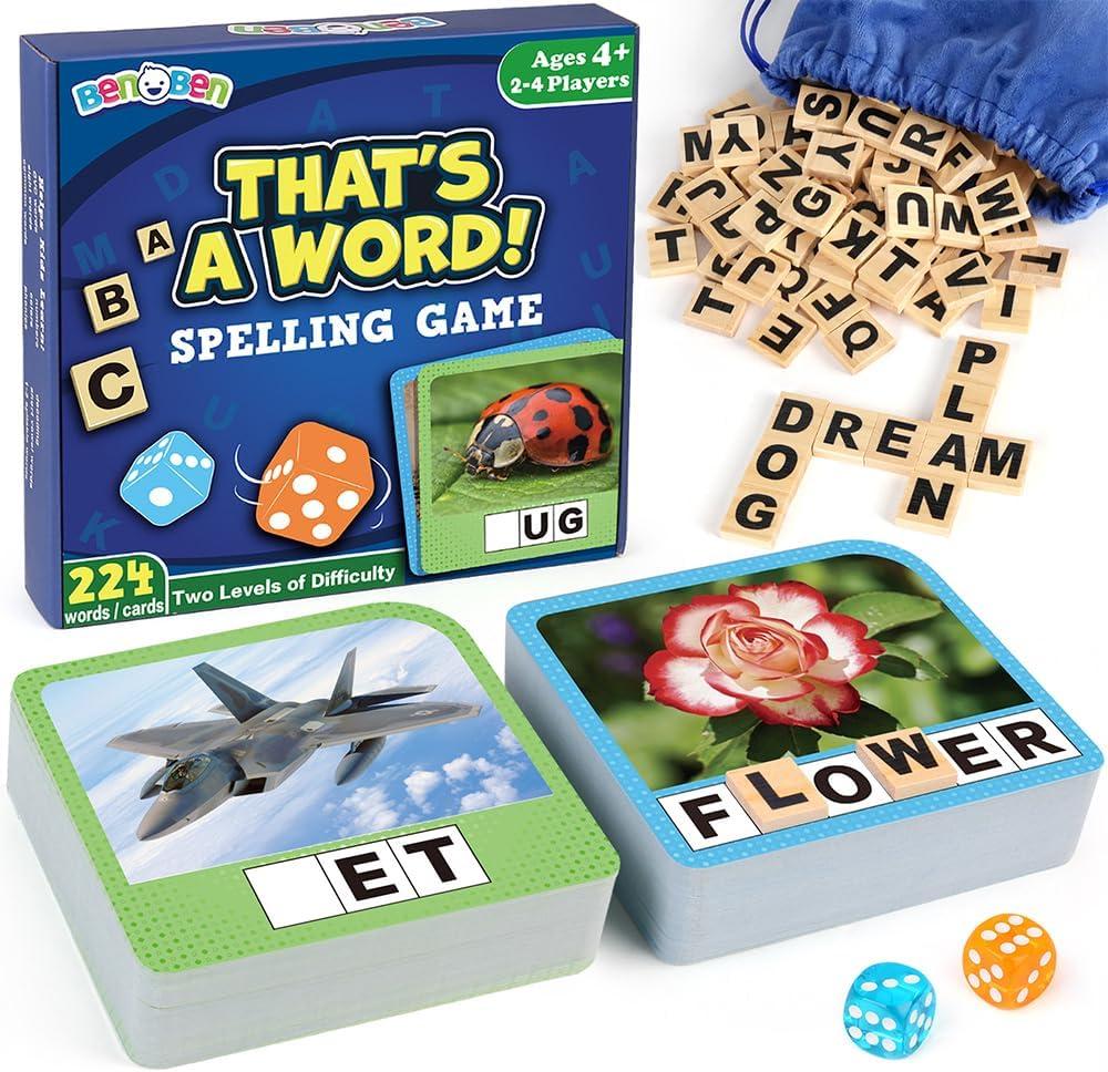 BenBen Spelling Games, 224 Flashcards, 208 Wood Letter Tiles, 1-4 Players, Learning Games for Kids 4-8, Educational Toys for Kindergarten 1st 2nd Grade, Preschool Classroom Must Haves