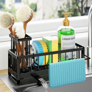 HapiRm Sponge Holder for Kitchen Sink - Self-draining Sink Caddy with Brush and Dishcloth Holders, Stainless Steel Kitchen Organizer for Countertop - Black