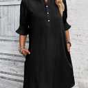 FENSACE Womens Casual Shirt Dress Ruffle Sleeve Button Down Shift Summer Dresses with Pockets (Black, S)