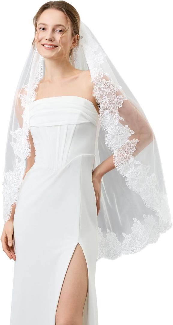 1 Tier Lace Veil Bridal Veil with Metal Comb, Wedding Veils for Women in Ivory & White, Multiple Lengths