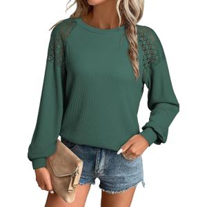 EVALESS Womens Long Sleeve Tops Dressy Casual Crewneck Waffle Lace Patchwork Knit T Shirts Blouses Fall Fashion 2025 (Green, S)