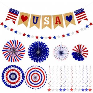 4th of July Decorations Set, 20 PCS Easy Setup Patriotic Red White Blue Paper Fans, USA Banner, Star Garland, Hanging Swirls and Spiral Stars for 250th Anniversary Patriotic Party Decor