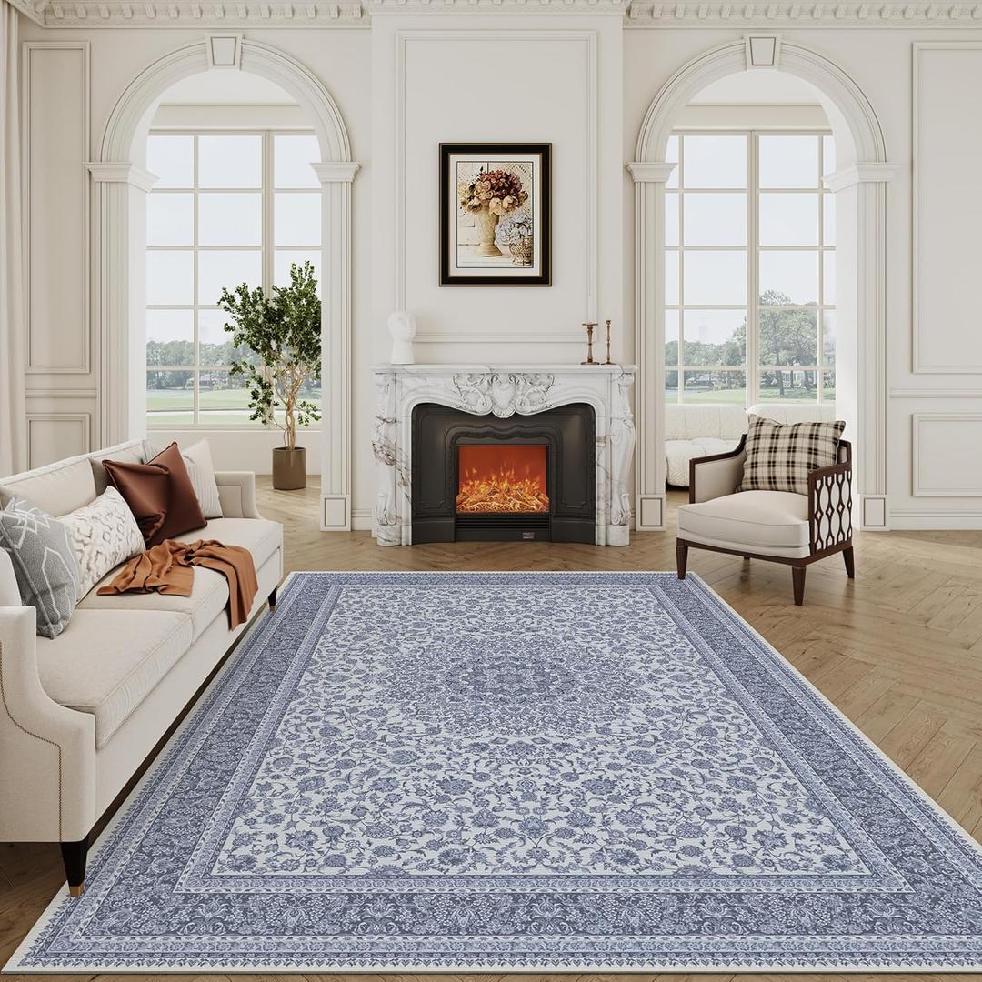 Floral Washable Area Rug 8x10, Spill-Proof Surface, Non-Slip Backing, Cozy Soft Faux Wool, Printed Rug for Living Room, Bedroom, Dining Room, Nursery - Ieve