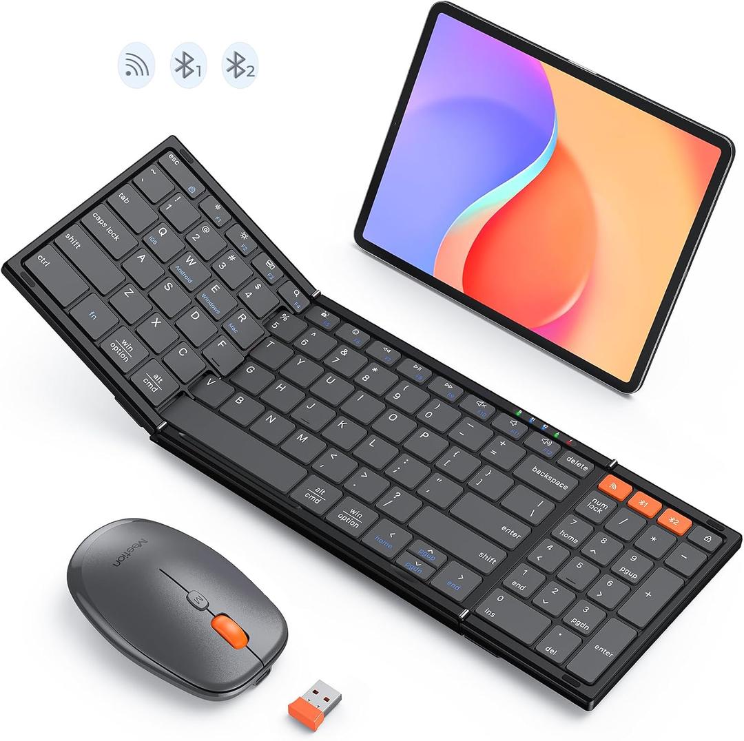 MEETION Foldable Keyboard and Mouse, Folding Portable Wireless Keyboard Mouse, Full Size Rechargeable 2.4G+Dual Bluetooth Keyboards Combo for Business Travel, for Windows/Mac/iOS/Andriod, iPad/Laptop (Black)