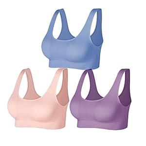 JEMINAY Ribbed Bralettes for Women Yoga Sport Bras Wireless Sleep Bras with Removable Pads 3 Pack, Pink+Blue+Purple, L