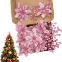 24 Pcs Pink Boxed Christmas Poinsettia Flowers Set, 16 Pcs Artificial Poinsettias with Clips, 8 pcs Glitter Christmas Tree Ornaments Berry Stems for Wedding Home Holiday Xmas New Year Decorations