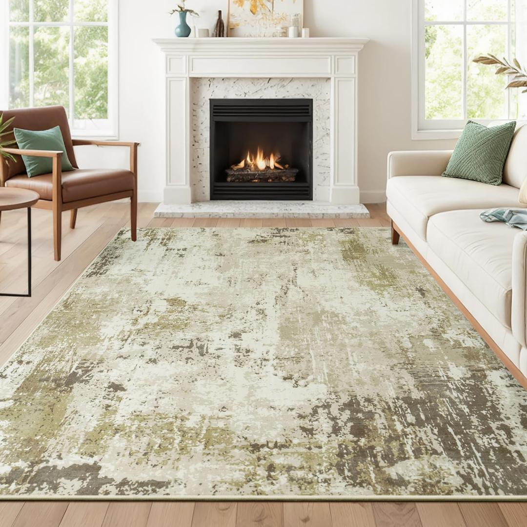 5x7 Area Rugs, Neutral Machine Washable Rugs for Living Room, Abstract Modern Soft Non-Slip Thin Print Floor Carpet for Bedroom Kids Room, Brown/Green