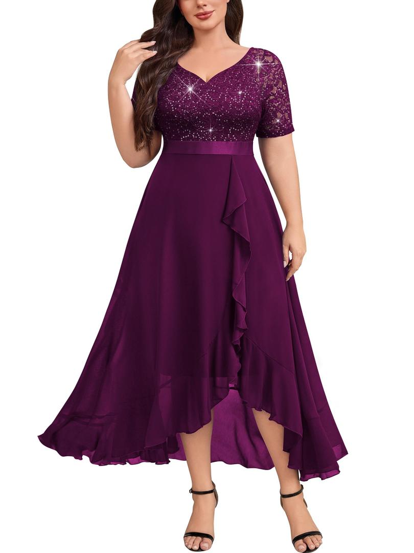 Knitee Women's Plus Size Sequin Lace Sweetheart Neck Ruffled Hemline Formal Evening Maxi Dresses Maroon (Purple, XXL)