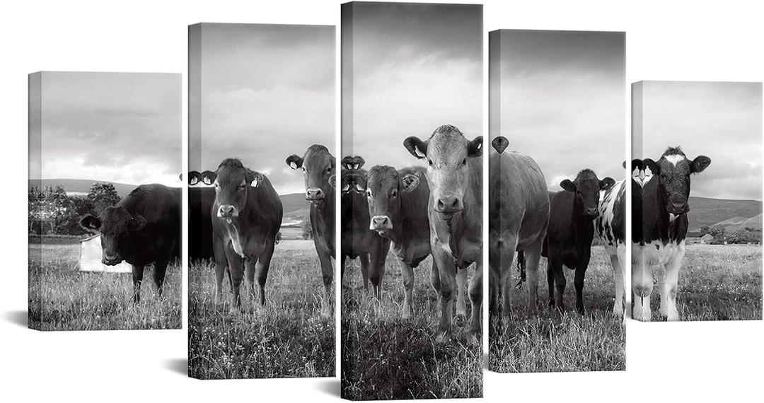 Nachic Wall 5 Piece Farm Animals Canvas Wall Art Black and White Cattles Cows Pictures Wall Decor for Living Room Kitchen Modern Giclee Print Artwork Gallery Canvas Wrapped Ready to Hang