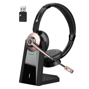 Earbay Wireless Headset with Microphone, Single-Ear Bluetooth Headset with Microphone Noise Cancelling & Mute Function, Wireless Headphones with Charging Base & USB Dongle for Work, Gold 