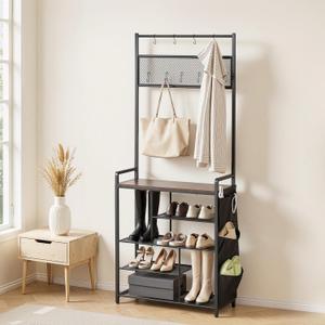 VEVOR Hall Tree, 70.9 in Coat Rack with Shoe Storage, Freestanding 4-Tier Shoe Rack Organizer with Hooks, Side Pocket and Wire Shelf, Steel Frame Entrance Coat Holder for Entryway, Bedroom, Closet