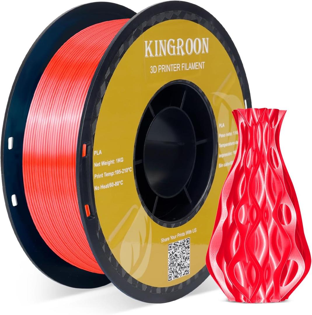 Kingroon Silk PLA 3D Printer Filament, Dimensional Accuracy +/- 0.03 mm, 1 kg Spool(2.2lbs), PLA Shiny Filament 1.75 mm (Red)