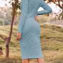 Fangetey Womens Long Sleeve Turtleneck Sweater Dresses Knitted Bodycon Midi Sheath Jumper Dresses (Blue)