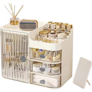 DASITON Makeup Organizer for Vanity,Large Capacity Makeup Storage Organizer with 3-Layer Drawers and Mirror,Cosmetics Display Case Make up Organizers for Vanity,Bedroom,Countertop(Clear-Cream)
