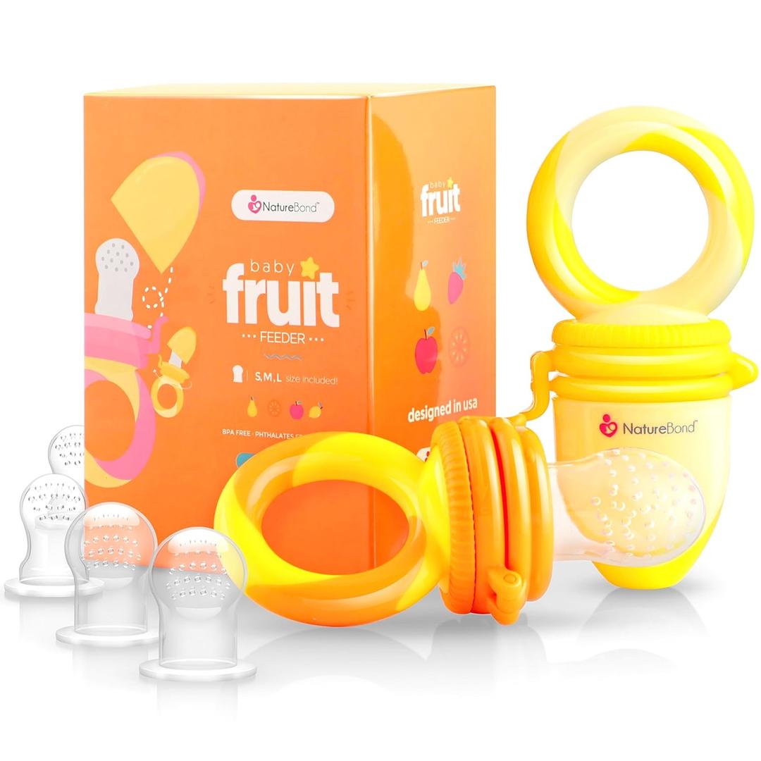 NatureBond Baby Food Feeder/Fruit Feeder Pacifier Nibbler (2 Pack) - Infant Teething Toy Teether Weaning in Appetizing Colors | + Additional Silicone Sacs (Sunshine Orange and Lemonade Yellow)