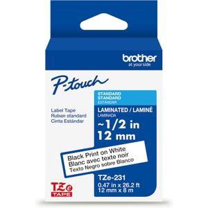 Brother Genuine TZe231~1/2 Black Print on White Label Tape. Each: 0.47 in x 26.2 ft (12 mm x 8 m)