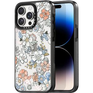 Compatible for iPhone 14 Pro Max Case Cute Aesthetic - Durable Shockproof 6.6 ft Drop Impact Phone Case Cover with Funny Fashion Lovely Flower 6.7" Black