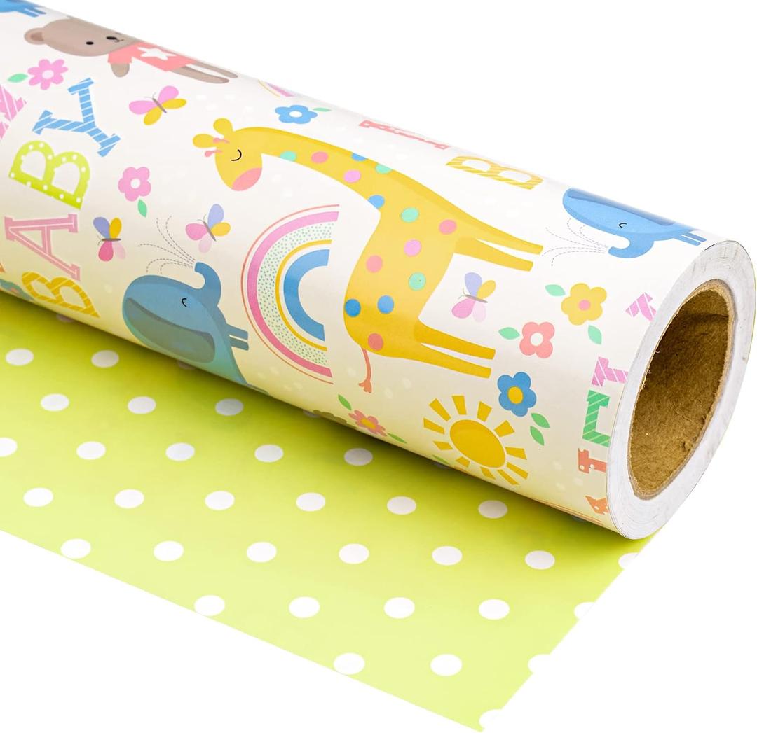 WRAPAHOLIC 30 Inch Reversible Baby Shower Wrapping Paper - 30 Inch x 33 Feet - Animals & New Baby Design for Neutral Baby Shower, Boys Girls Kids Birthday