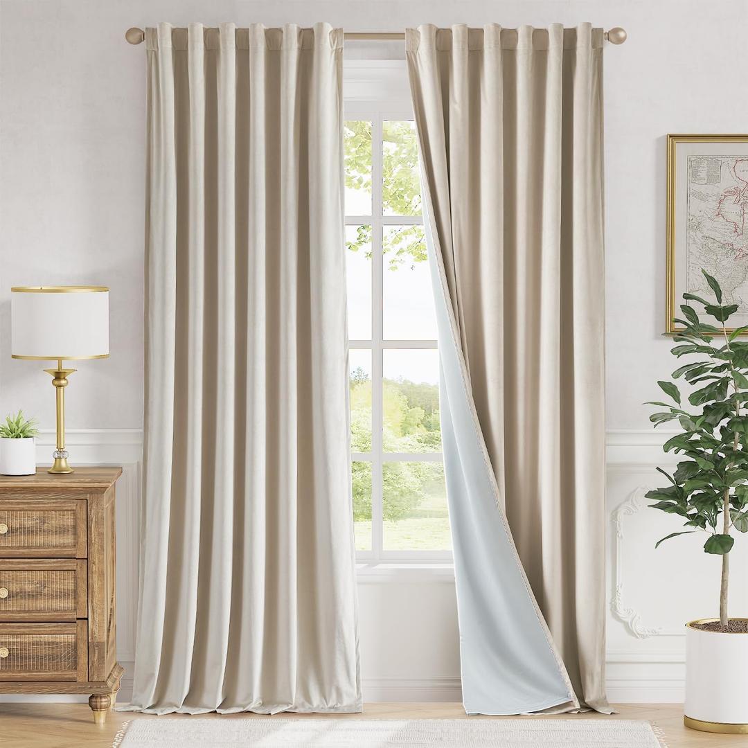 Lazzzy Beige Blackout Velvet Curtains 96 Inches Long Thermal Insulated Room Darkening Lined Curtain Drapes Luxury Back Tab Window Treatments for Bedroom Living Room 2 Panels, 52 x 96 Inch, Cream