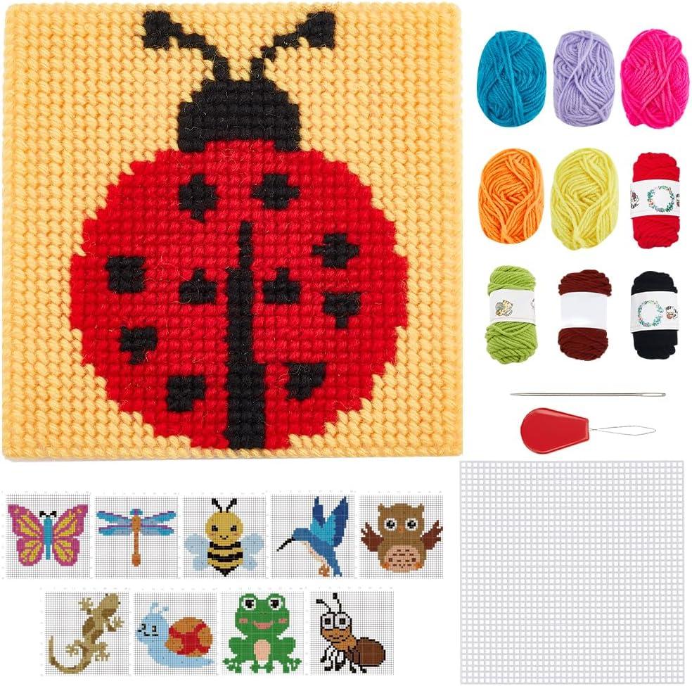 FREEBLOSS 10 Set Insect Theme Plastic Canvas Cross Stitch Kits with 11 Colors Yarn and 10 Different Patterns Plastic Mesh Canvas Coasters for Beginners