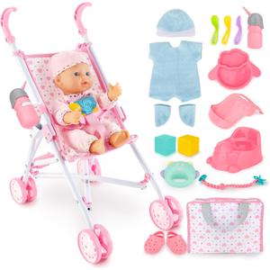 deAO Baby Doll Stroller Set with 13 inch Doll,Kids Play Stroller Toys,13" Baby Doll Set with Foldable Doll Stroller,18 PCS Baby Doll Accessories with 2 Sets Doll Clothes