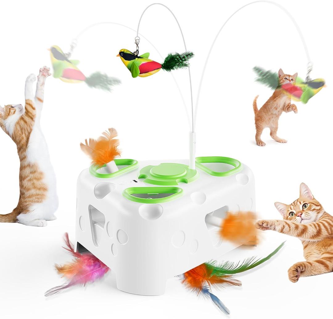 3-in-1 Interactive Cat Toys for Indoor Cats,Automatic Kitten Toy,Flying Bird,6 Holes Mole,Rotating Feather, Rechargeable USB Interactive Cat Feather Toys for Bored Indoor Cats (white)