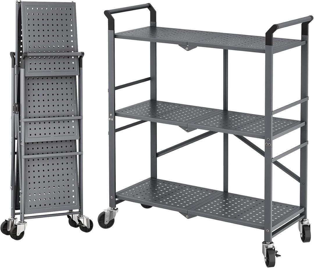 3 Tier Utility Carts - Folding Metal Rolling Cart with Wheels for Kitchen Office Garage Storage, Grey