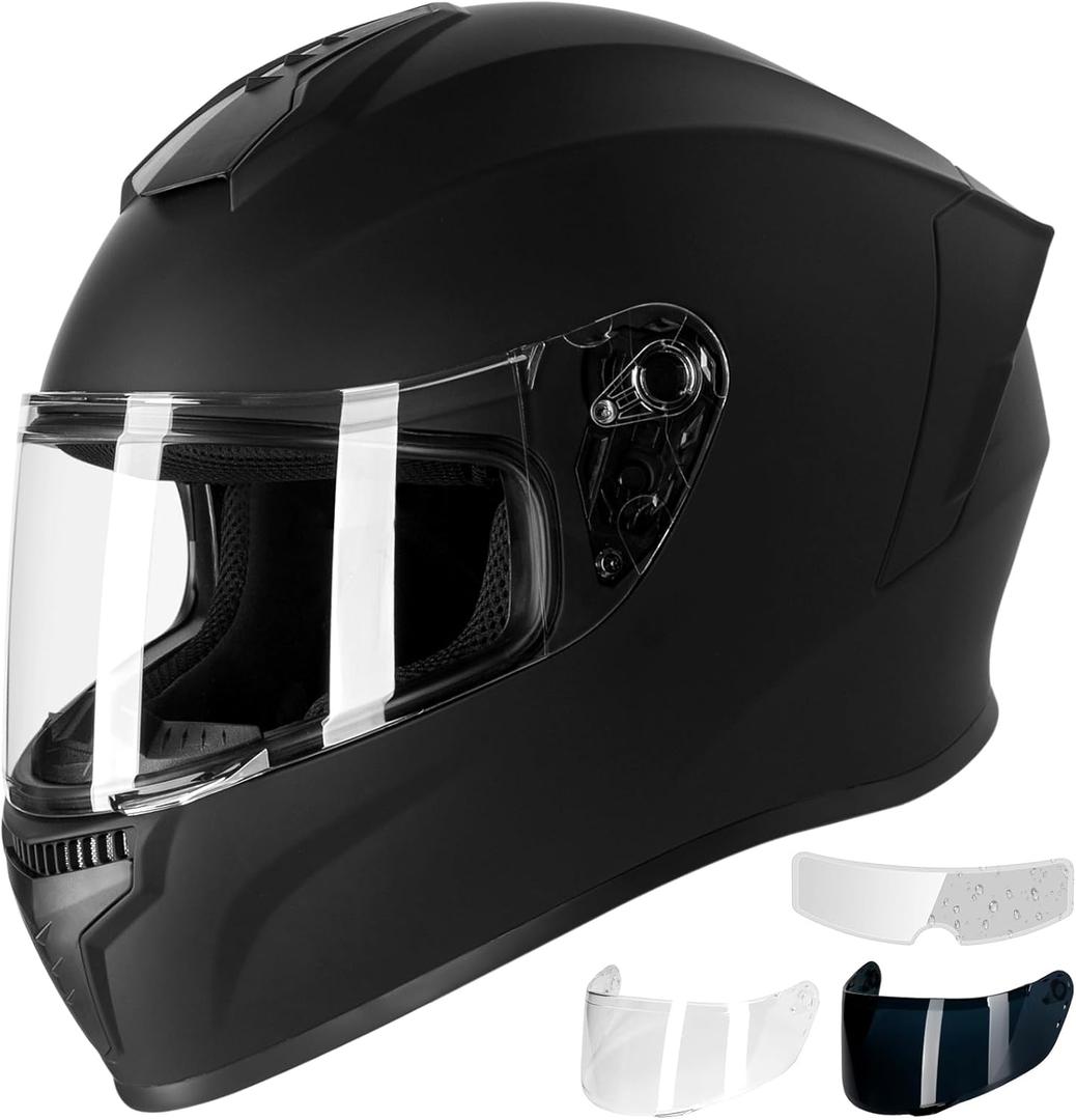 Favoto Full Face Motorcycle Helmet DOT Approved, Cascos para Motos Snowmobile Dirt Bike Helmet for Adults Men Women, Anti-Fog Film Included, Black, Large