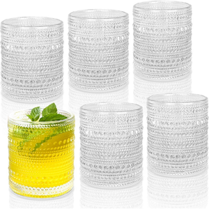 Vintage Glassware Drinking Glasses Set of 6,12 oz Hobnail Glass Cups,Embossed Clear Water Tumbler,for Beer,Cocktail,Whiskey,Juice and Various Mixed Drinks