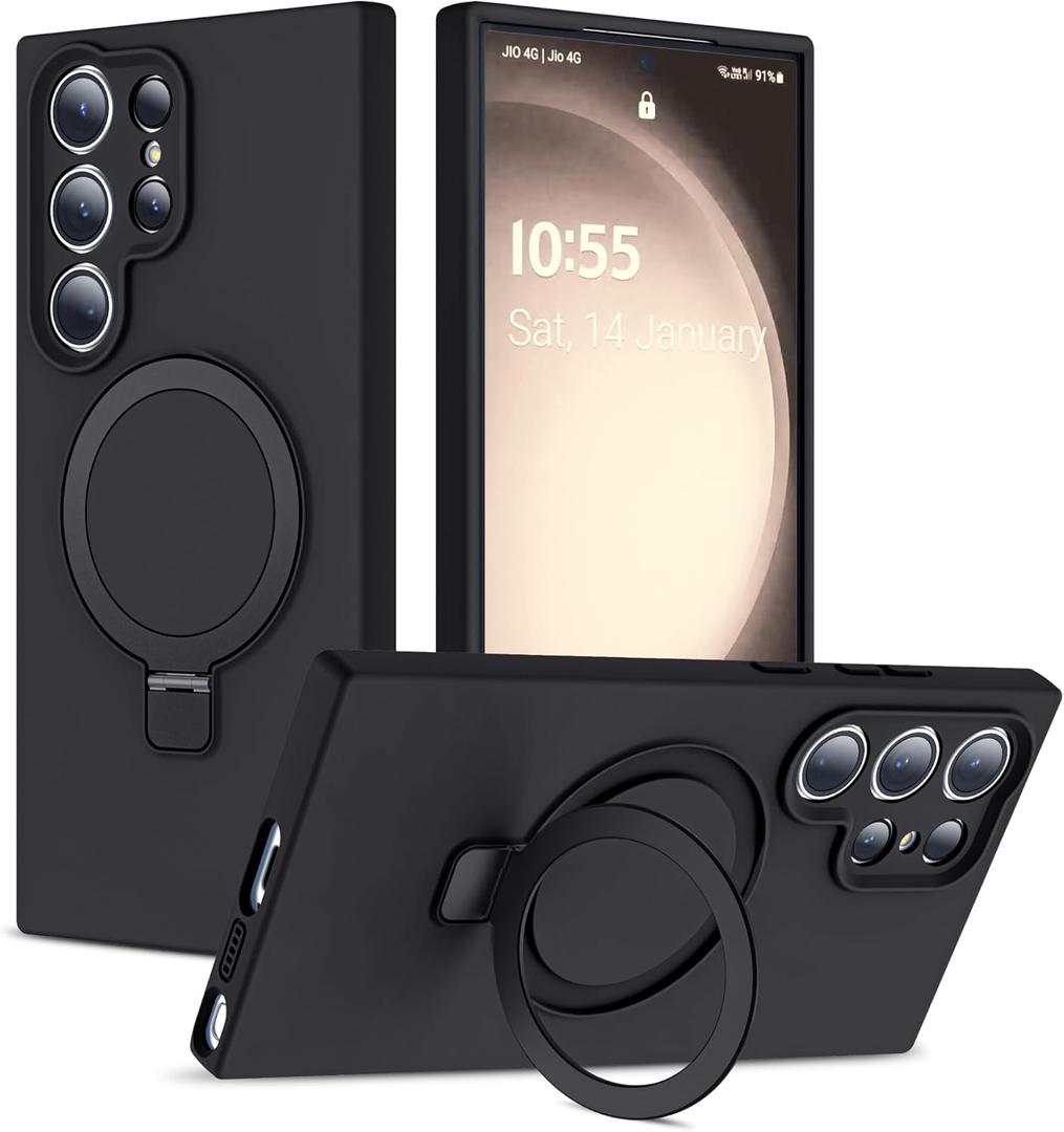 Designed for Samsung Galaxy S23 Ultra Case 6.8'' with Magnetic Ring Stand[Compatible with Mag-Safe][Military-Grade Protection] Slim Liquid Silicone S23 Ultra Phone Case for Men Wowen,Black (For Samsung Galaxy S23 Ultra 6.8 inches)