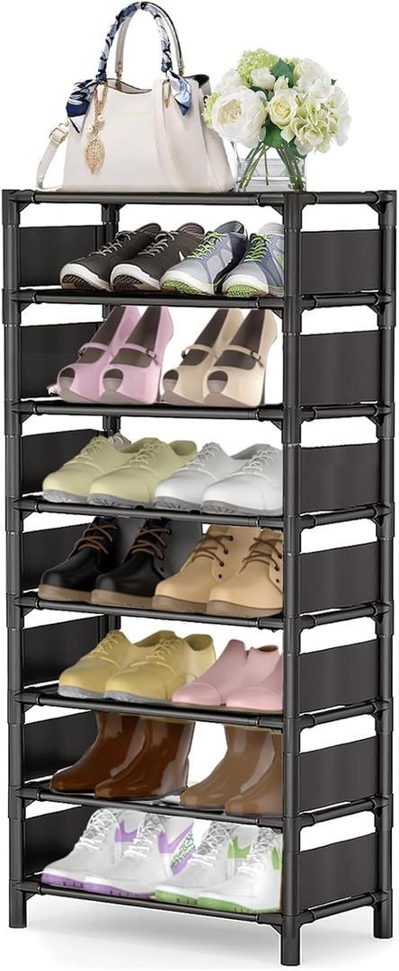 8 Tiers Vertical Shoe Rack Up to 16-20 Pairs, Sturdy Metal Narrow Shoe Shelf, Space-Saving Tall Shoe Rack for Closet,Bedroom Hallway Garage Living Room (Black)