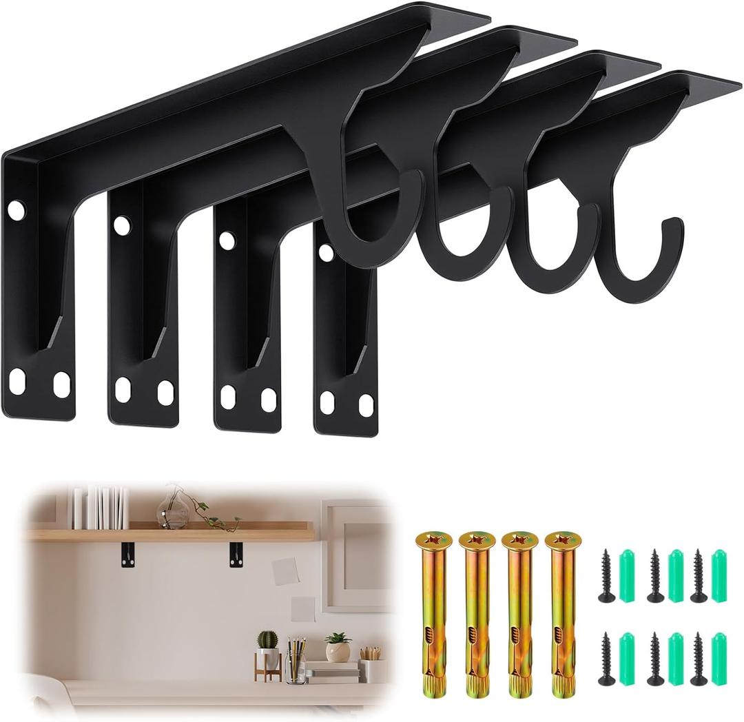 4 Pcs Wall Mounted Closet Rod Brackets Heavy Duty 11.18 Inch Closet Shelf Brackets with Rod Holder Support 400 Lbs for Curtain Wardrobe Shop (Black)