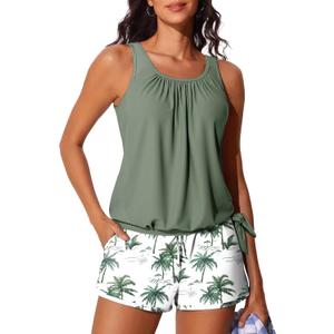 Summer Mae Blouson Womens Tankini Swimsuits with Shorts Tummy Control Bathing Suits Side Pockets 2026 (X-Large, Green Shadow)