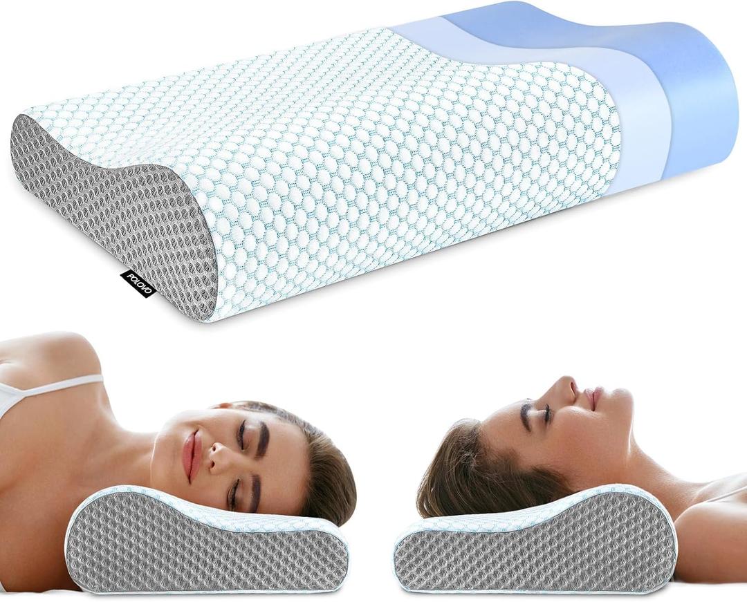 Memory Foam Pillows Neck Pillow Bed Pillow for Sleeping, Ergonomic Cervical Pillow for Neck and Shoulder Pain Relief,Orthopedic Contour Pillow for Side Back Stomach Sleeper (Blue&Grey)