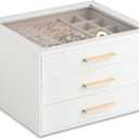 Frebeauty Clear Lid Jewelry Box,3-Layer Jewelry Organizer with Drawer,PU Leather Jewelry Organizers and Storage,Jewelry Boxes for Women,Jewelry Storage for Rings Earring Stud,Gift for Women(White)