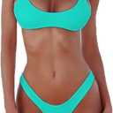 SherryDC Women's Solid Scoop Neck Push Up Padded Brazilian Thong Bikini Swimsuit Bathing Suit (Medium, Lake Green)