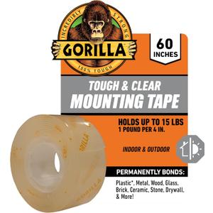 Gorilla Tough & Clear; Double Sided Mounting Tape; Weatherproof; 1" x 60"; Clear; (Pack of 1)